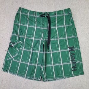 Hurley Swimming Trunks Mens 32 Green Plaid Board Shorts Drawstring 10" Inseam